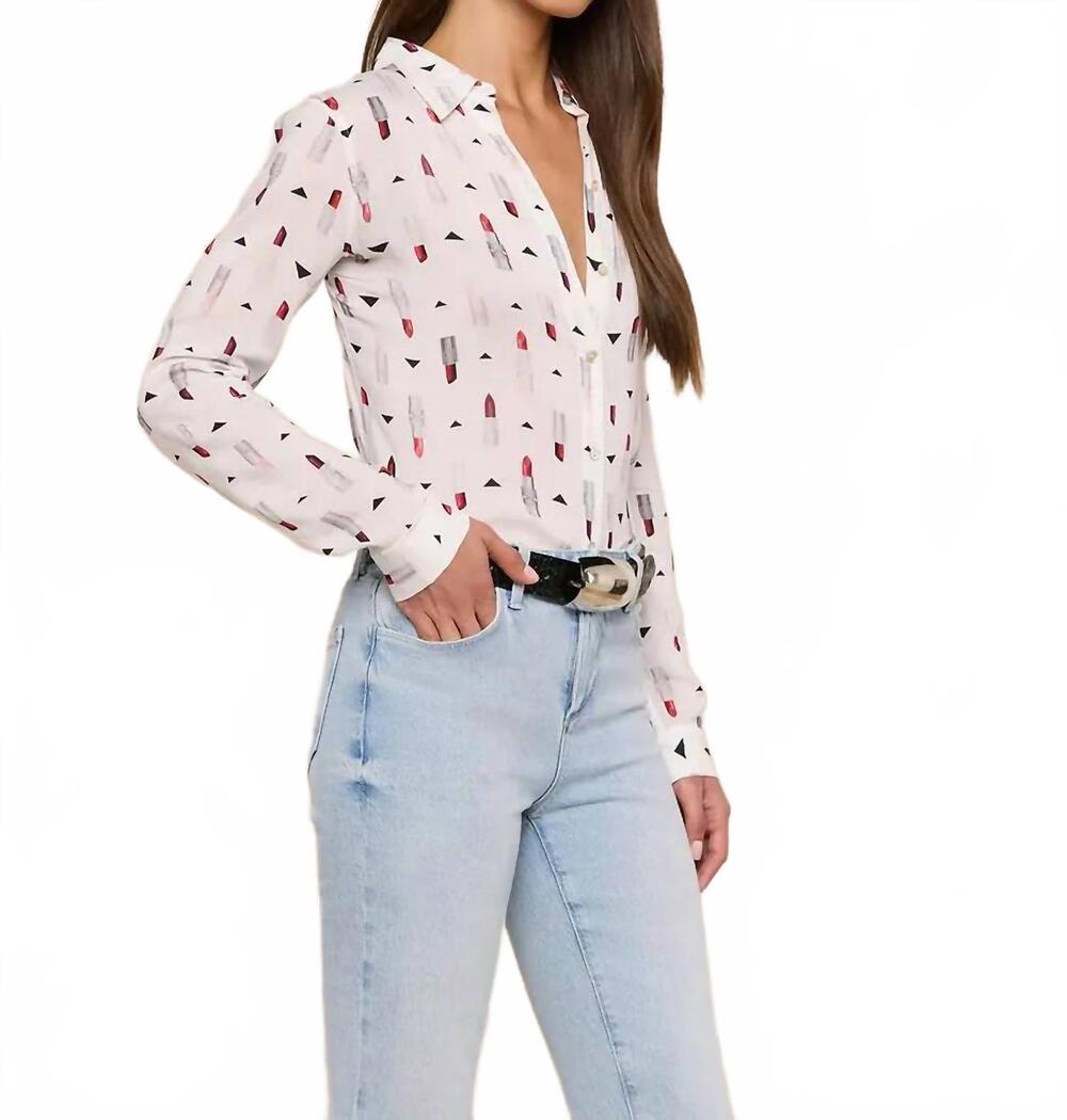 NEW L'AGENCE holly long sleeve blouse in ivory multi lipstick geo - Picture 3 of 4